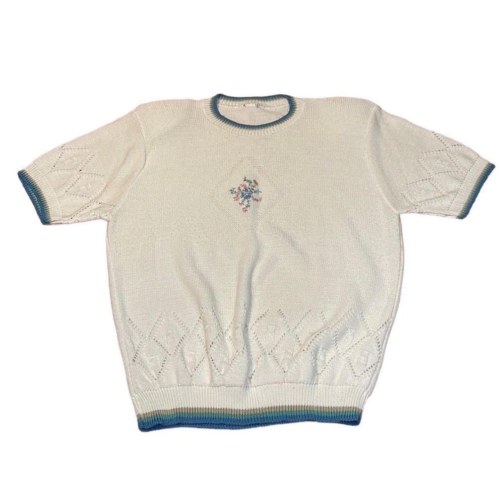 Vintage Cream Grandma Summer Sweater, embroidered flowers, L
